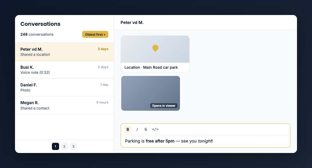 The Conversations inbox sorted oldest first, with media and formatting