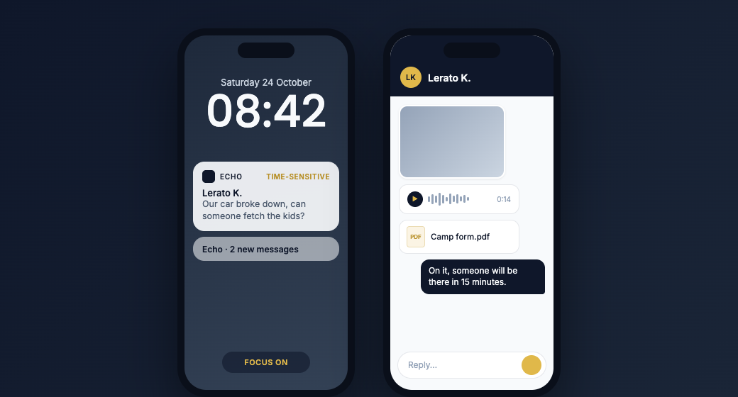 The Echo mobile app showing a time-sensitive notification and a conversation